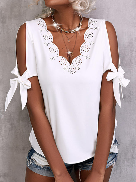Solid Cold Shoulder 1/2 Sleeves Cold Shoulder Sleeve Casual Blouses, White, Shirts & Blouses