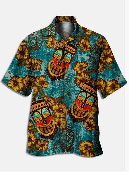 Men's Tiki Floral Print Casual Fabric Fashion Hawaiian Collar Short Sleeve Shirts, Green, Men's Floral shirt