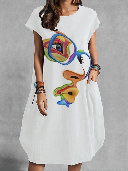 White Cocoon Loosen Crew Neck Daily Vacation Dress, Midi Dresses