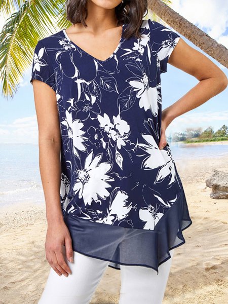 Floral Chiffon Crew Neck Tops, Dark blue, Shirts & Blouses
