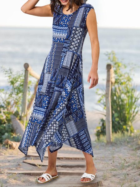 Crew Neck Regular Fit Irregular Patchwork Dresses, Blue, Dresses