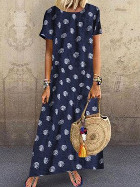 Casual Polka Dots Crew Neck Dresses, Dark blue, Dresses