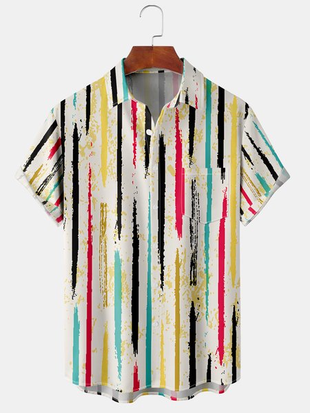 Men's Casual Short Sleeve Hawaiian Shirt with Chest Pocket Geometric Stripe Print, As picture, Men's Floral shirt