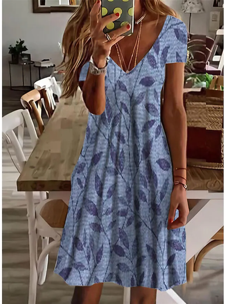 Leaves Loosen Vacation V Neck Dresses, Blue, Dresses