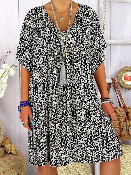 Holiday Floral Design V-Neck Loose Dress, Black, Mini Dresses