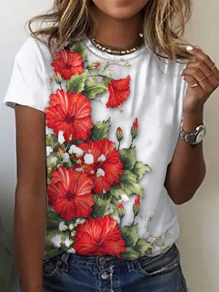 Summer Floral Design Casual Round Neck Short Sleeve T-Shirt, White, T-Shirts
Summer Floral Design Casual Round Neck Short Sleeve T-Shirt, White, T-Shirts