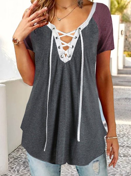 Casual Short-sleeved Top With Contrasting Stitching Neckline And Crisscross Straps, Deep gray, Shirts & Blouses
Casual Short-sleeved Top With Contrasting Stitching Neckline And Crisscross Straps, Deep gray, Shirts & Blouses