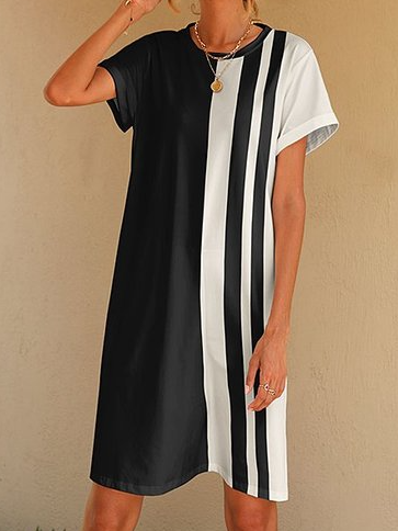 Color Block Casual Loosen Dresses, Black-white, Mini Dresses