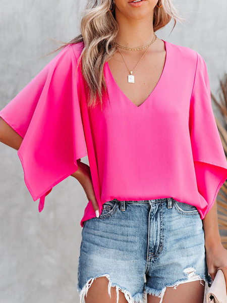 Summer Mid-weight Short sleeve Plain V Neck Vacation Tops, Rose red, Blouses and Shirts