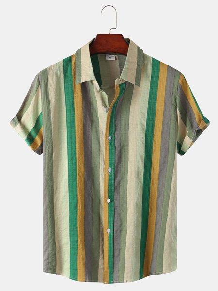 Cotton Linen Striped Casual Short Sleeve Shirt, As picture, Men's Floral shirt