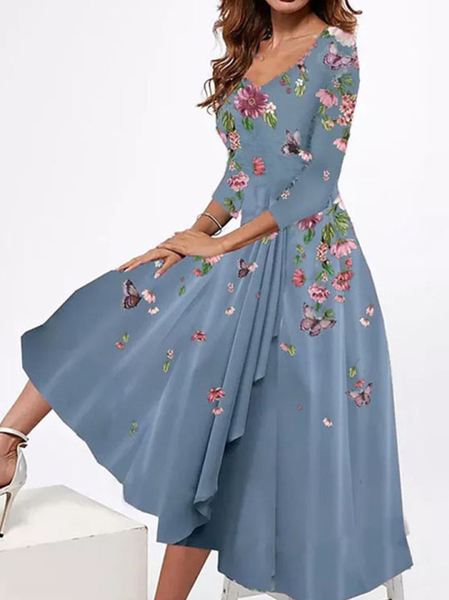 Elegant Floral V Neck Regular Fit Dresses, Blue, Dresses
Elegant Floral V Neck Regular Fit Dresses, Blue, Dresses