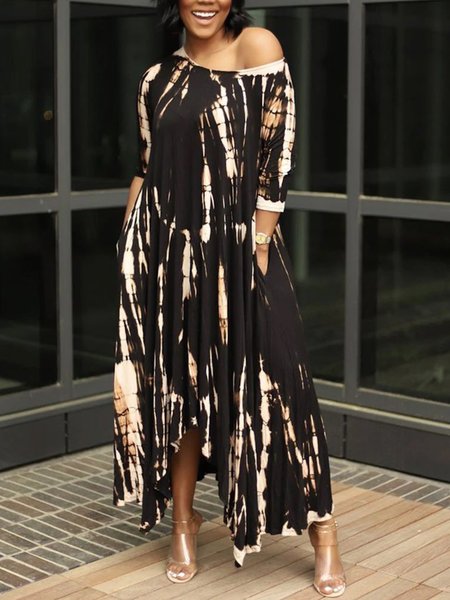 Round Neck Loosen Casual Maxi Dress, Black-brown, Maxi Dresses
