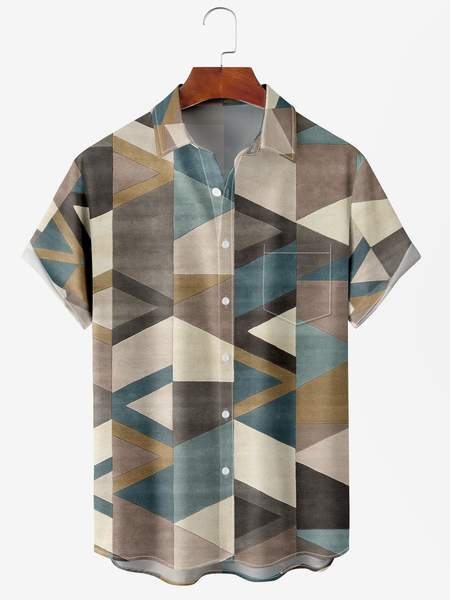Men's Geometric Abstract Floral Print Moisture-Breathable Fabric Hawaiian Lapel Short Sleeve Shirt, Khaki, Men's Floral shirt
