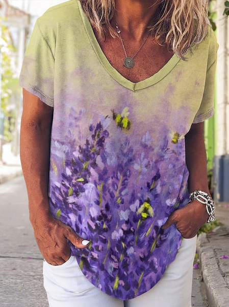 Casual Gradient Floral Print V-Neck T-Shirt, As picture, T-shirts
