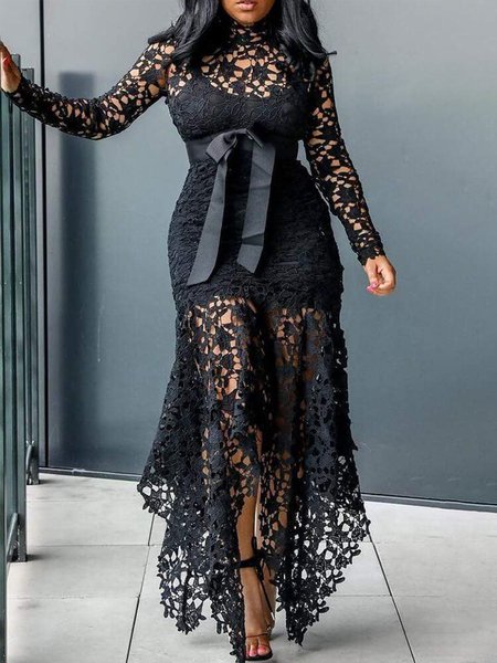 Plain Regular Fit High Neck Maxi Dress, Black, Maxi Dresses
