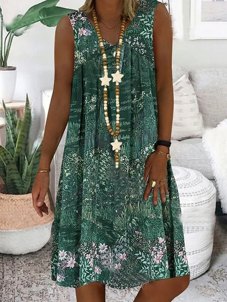 V Neck Casual Sleeveless Women Dresses, Green, Mini Dresses