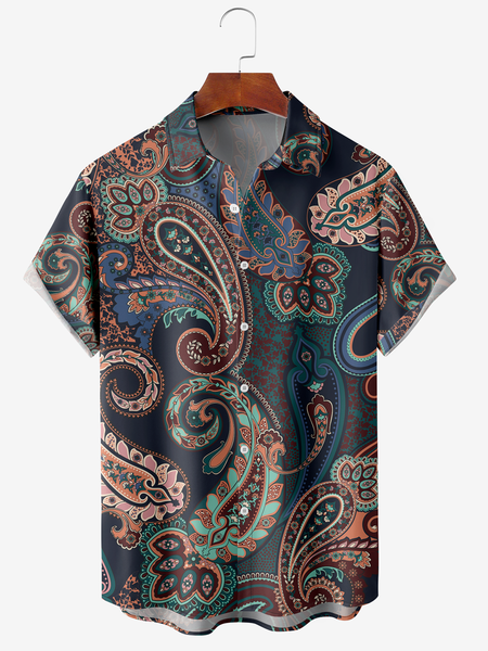 Men's Cashew Flower Floral Print Moisture-Breathable Fabric Hawaiian Lapel Short Sleeve Shirt, Purple, Men's Floral shirt