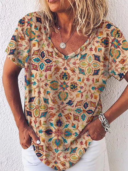 Vintage Tribal Printed Loose Short Sleeve V-neck T-Shirt, Yellow, T-Shirts
Vintage Tribal Printed Loose Short Sleeve V-neck T-Shirt, Yellow, T-Shirts