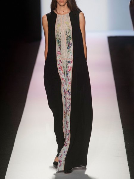 Printed Loosen Crew Neck Maxi Dress, Black, Maxi Dresses