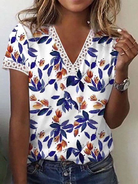 Lace Panel V-Neck Loose Knit Short Sleeve T-Shirt, White, T-Shirts