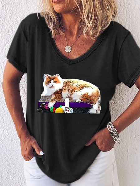 Cat, Casual Animal T-Shirt, Black, T-shirts