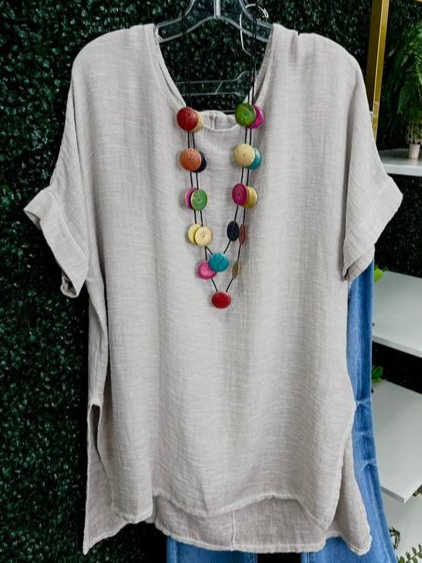 Crew Neck Boho Cotton Tops, Khaki, Tunics