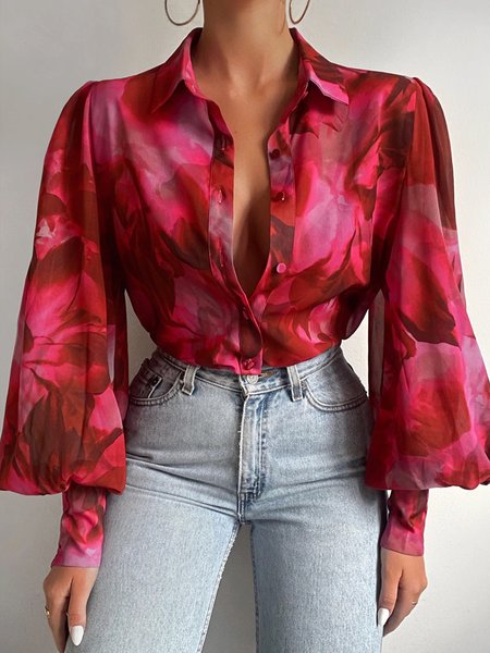 Shirt Collar Daily Elegant Floral Bishop Sleeve Blouse, Rose red, Blouses and Shirts