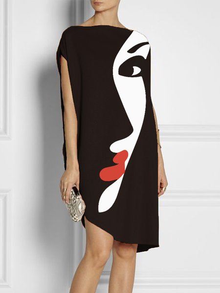 Loosen Boat Neck Simple Knee Dress, Black, Midi Dresses