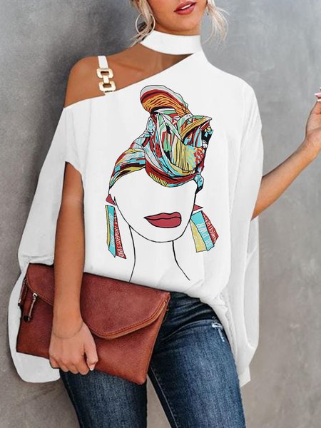 Figure Printed Chain Strap Off The Shoulder Design Top, White, Blouses and Shirts