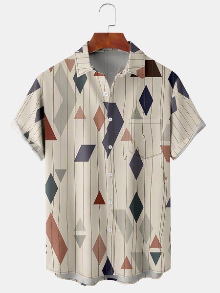 Men's Geometric Print Short Sleeve Shirt, Khaki, Men's Floral shirt