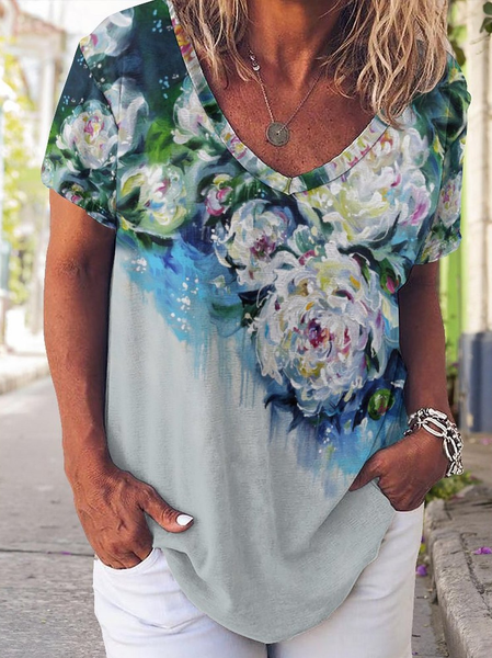 Women's Casual Floral Print V-Neck T-shirt, As picture, T-shirts