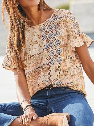 Regular Fit Tribal Casual Short sleeve T-Shirt, Beige, Tees & T-shirts