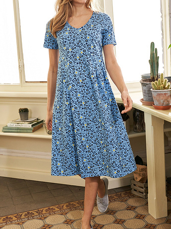 Casual Vacation Floral Regular Fit V Neck Short sleeve Dresses, Blue, Midi Dresses