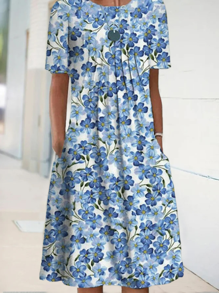 Round Neck Loose Casual Floral Print Resort Short Sleeve Midi Dress, Blue, Dresses