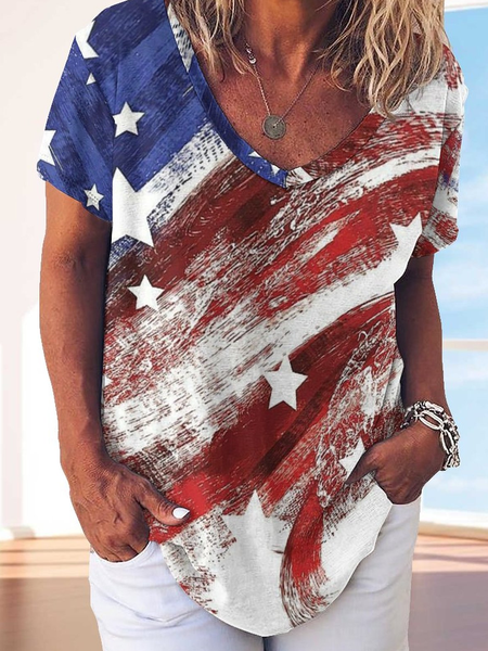Women American Flag V Neck Sweet T-Shirt, Blue, T-shirts