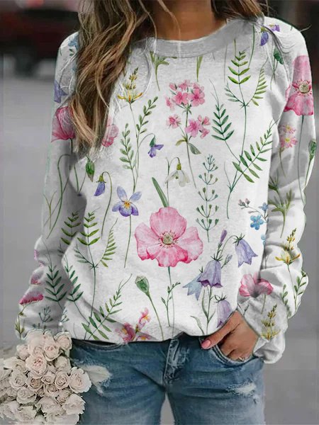 Floral Crew Neck Casual Loose Sweatshirt, Pink, Hoodies & Sweatshirts