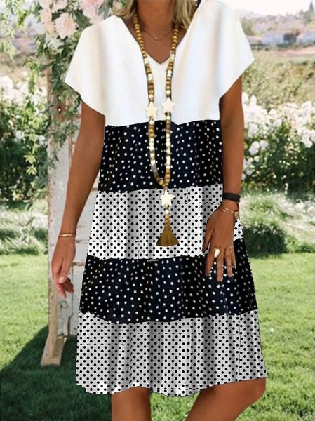 Polka Dots V Neck Dresses, White, Dresses