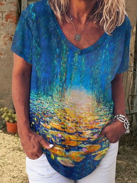 Women's Casual Abstract Landscape Print V-Neck T-Shirt, As picture, T-shirts