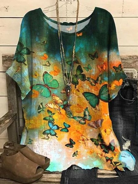 Crew Neck Casual Ombre Butterfly Tops, Multicolor, Shirts & Blouses
