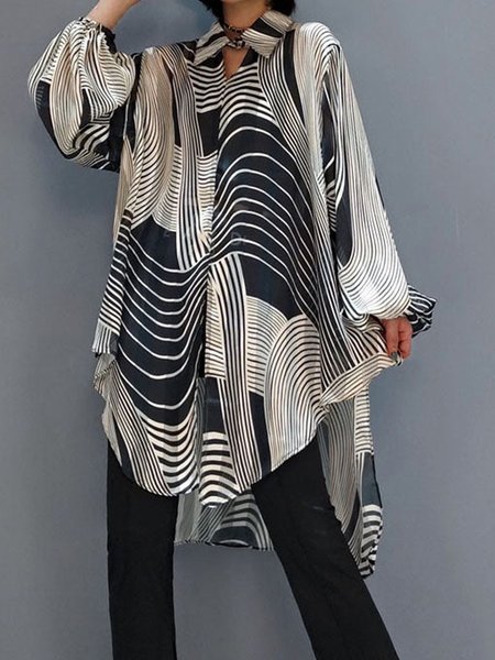Casual Shawl Collar Oversize Striped Blouse, Apricot, Blouses and Shirts