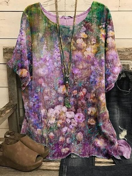 Retro flower wide Pullover Top, Purple, Shirts & Blouses