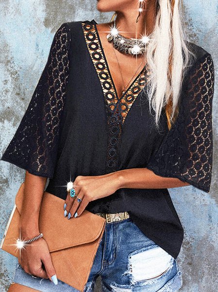 Casual Plain V Neck Tops, Black, Blouses & Shirts