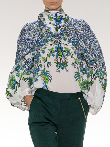 Floral Crew Neck Loose Elegant Top, White, Tops