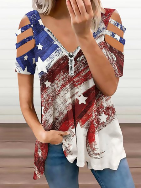 Women American Flag Loose V Neck Tops, Blue, Blouses