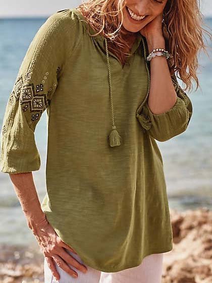 V Neck Loose Ethnic Tops, Army green, Shirts & Blouses