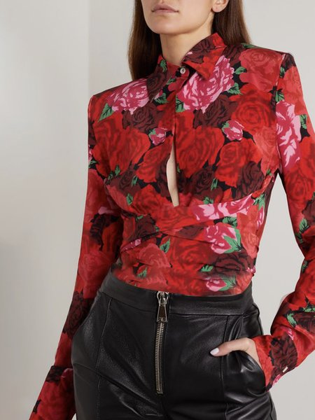 Floral Daily Long sleeve Elegant Others Fit Blouse, Red, Blouses and Shirts