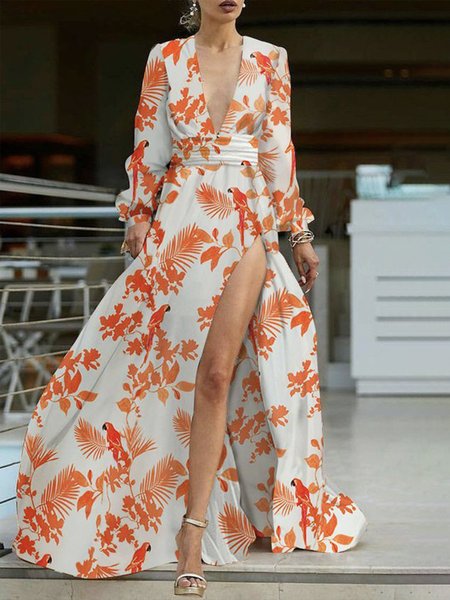 Long sleeve High Waist V neck Fit Floral Elegant Dress, Orange, Maxi Dresses