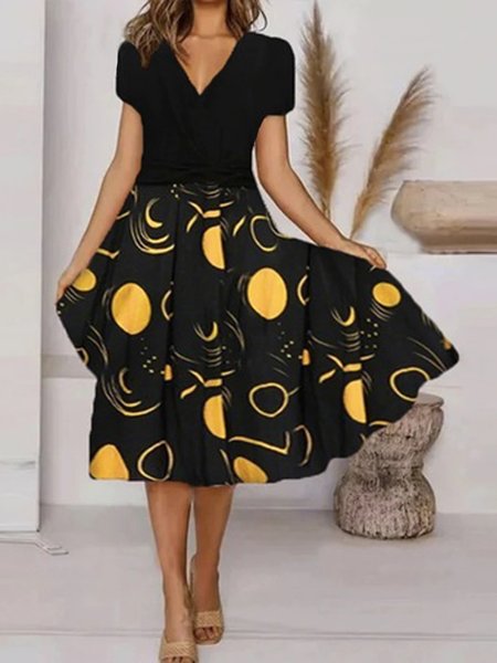 Fit V Neck Geometric Dresses, Black, Dresses