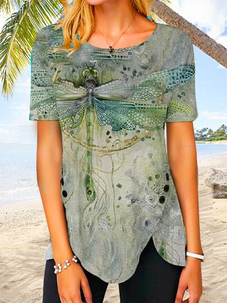 Summer Dragonfly Design Irregular Hem Knit Short Sleeve Top, Green, T-Shirts