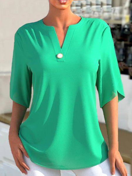 Chiffon Casual Crew Neck Tops, Green, Shirts & Blouses